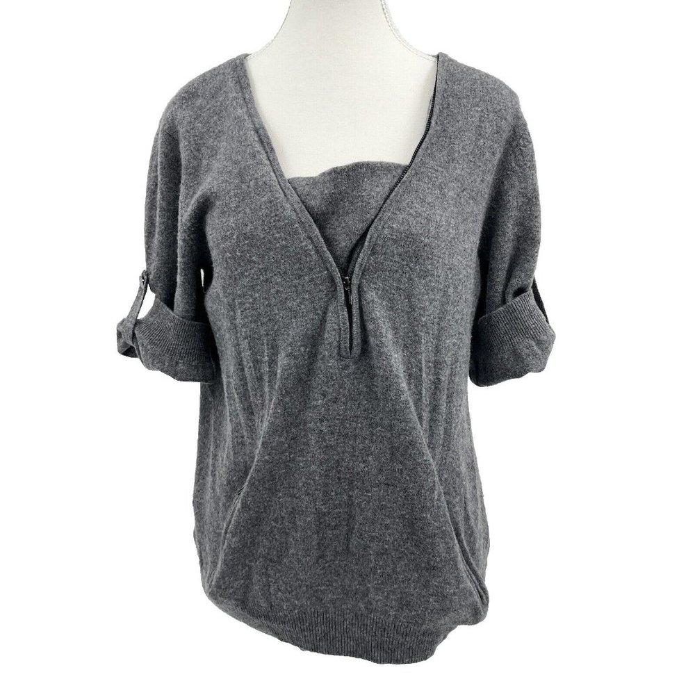 BCBG MAXAZRIA 100% Lambswool GRay V-NECK SHORT SLEEVE 2 POCKETS ZIP SWEATER L‎